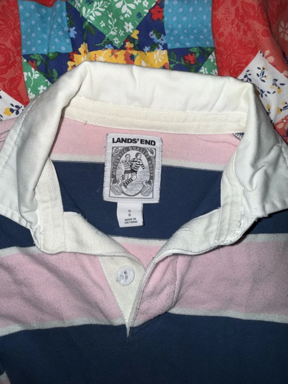Lands' End Pink and Navy Striped Rugby Polo